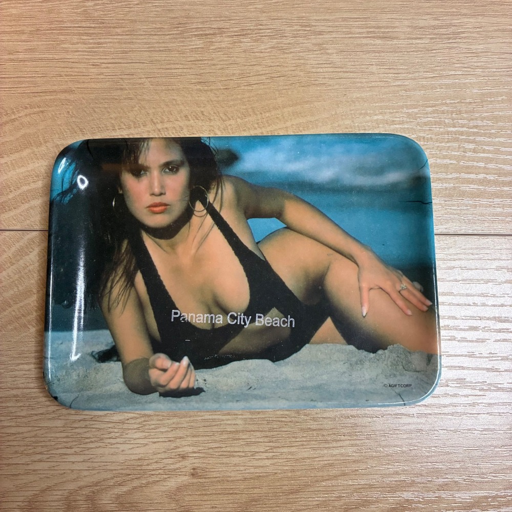 Vintage Panama City Beach Florida Souvenir Metal Trinket Tray Pinup Girl 6x4.5